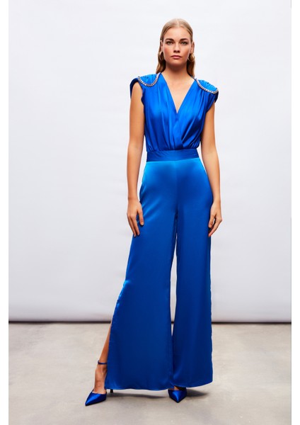 Yırtmaç Detaylı Saten Pantolon - Sax Mavi fiyatları