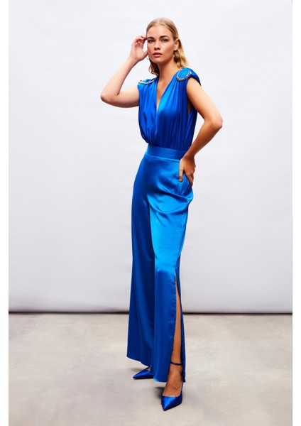 Yırtmaç Detaylı Saten Pantolon - Sax Mavi modelleri