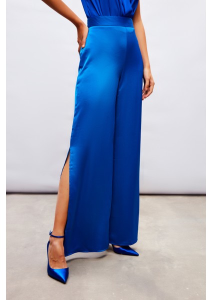Yırtmaç Detaylı Saten Pantolon - Sax Mavi indirimleri