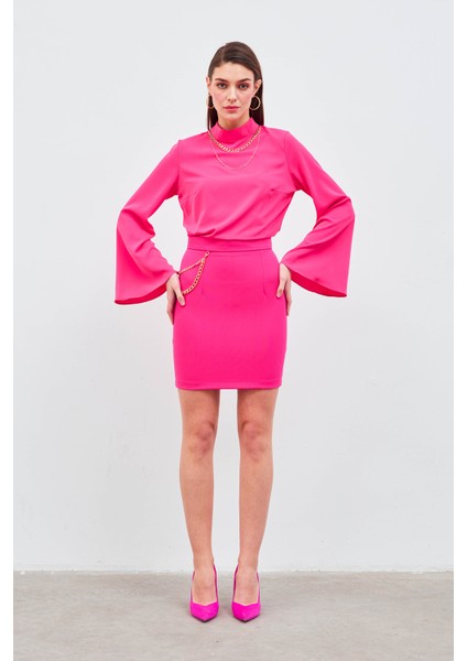 Zincir Aksesuarlı Mini Etek - Fuşya