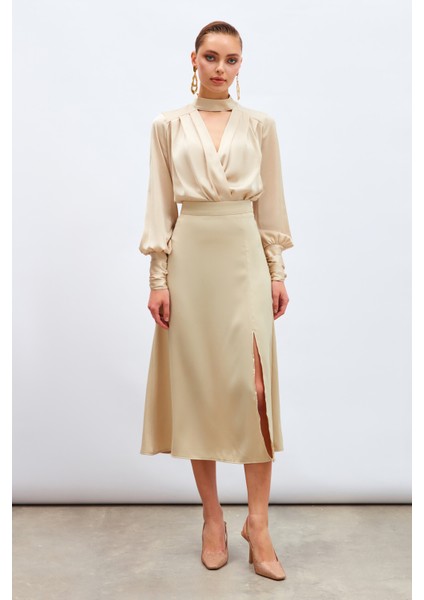 Yırtmaçlı Saten Etek - Bej