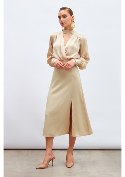 Yırtmaçlı Saten Etek - Bej fiyatları