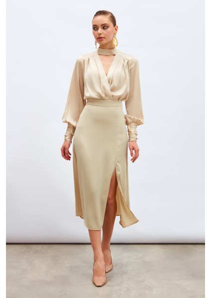 Yırtmaçlı Saten Etek - Bej fırsatları