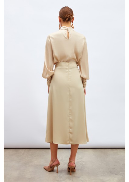 Yırtmaçlı Saten Etek - Bej indirimleri