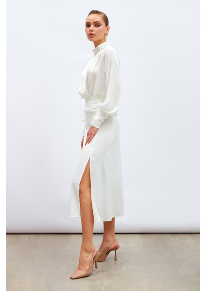 Yırtmaçlı Saten Etek - Ekru fiyatları