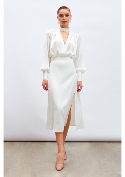 Yırtmaçlı Saten Etek - Ekru modelleri