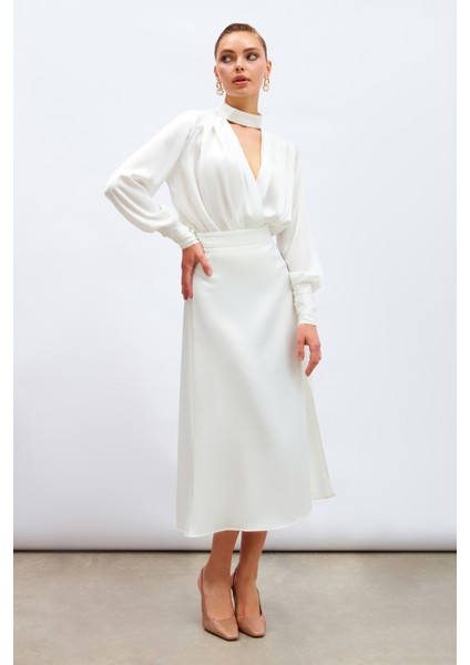 Yırtmaçlı Saten Etek - Ekru fırsatları