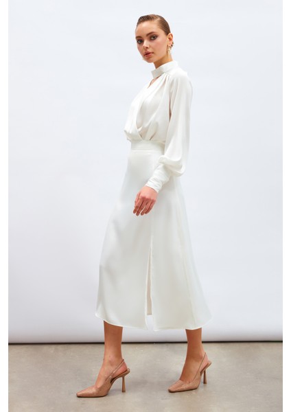 Yırtmaçlı Saten Etek - Ekru indirimleri