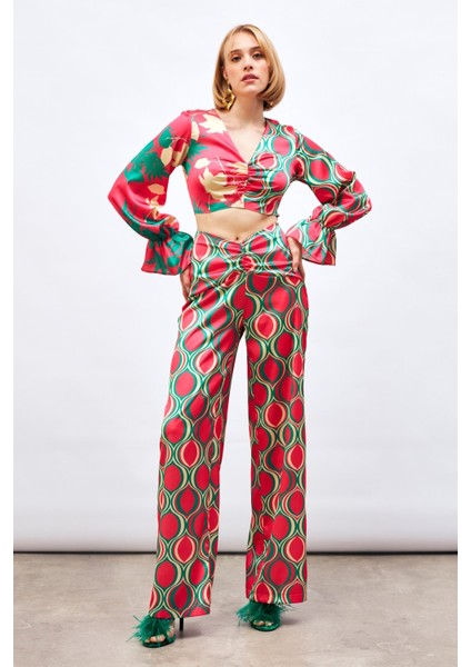 Ön Büzgülü Desenli Salaş Pantolon - Fuşya