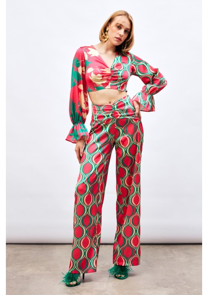 Ön Büzgülü Desenli Salaş Pantolon - Fuşya modelleri