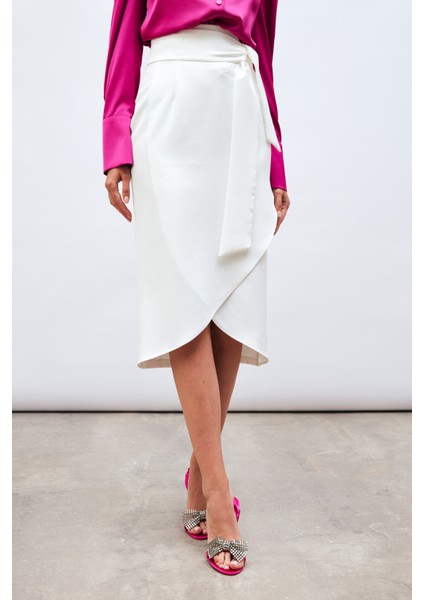 Kuşaklı Kalem Etek - Ekru fırsatları