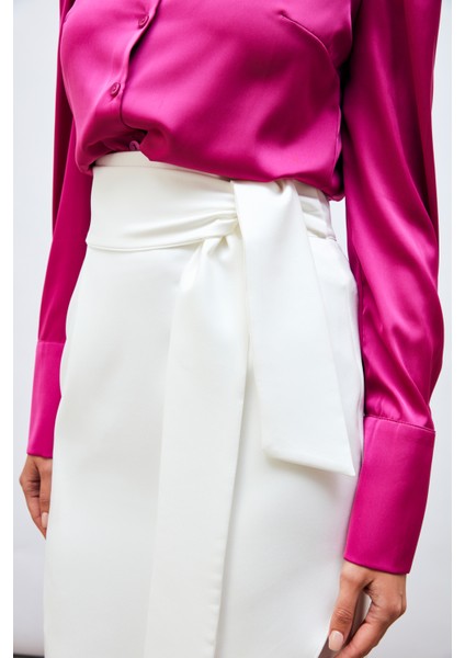 Kuşaklı Kalem Etek - Ekru indirimleri