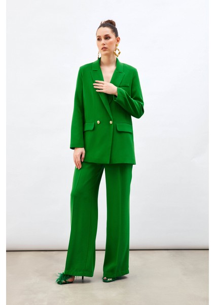 Pile Detaylı Salaş Pantolon - Yeşil
