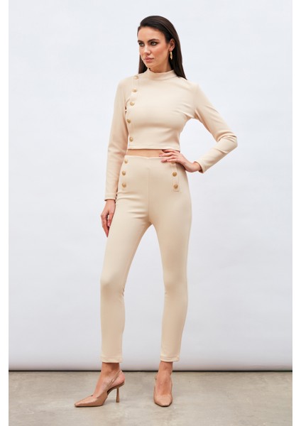 Düğme Detaylı Pantolon - Bej