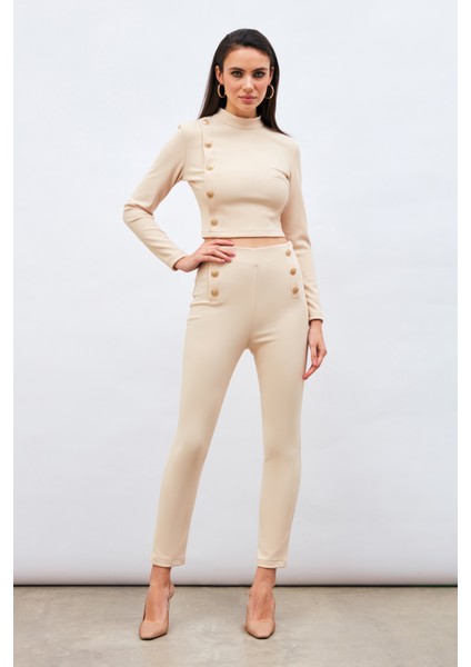 Düğme Detaylı Pantolon - Bej modelleri