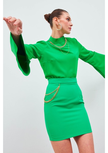 Zincir Aksesuarlı Mini Etek - Yeşil modelleri