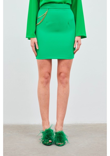 Zincir Aksesuarlı Mini Etek - Yeşil fırsatları