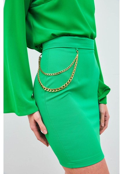 Zincir Aksesuarlı Mini Etek - Yeşil indirimleri