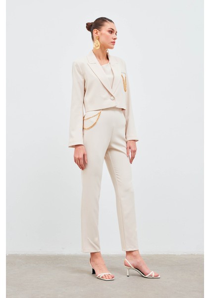Zincir Aksesuarlı Pantolon - Bej