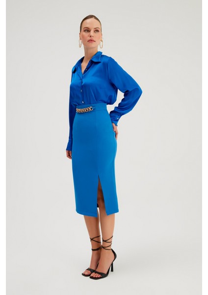 Zincir Detaylı Kalem Etek - Sax Mavi