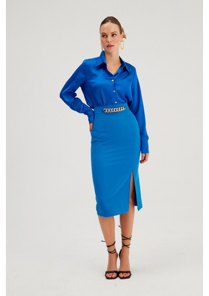 Zincir Detaylı Kalem Etek - Sax Mavi modelleri