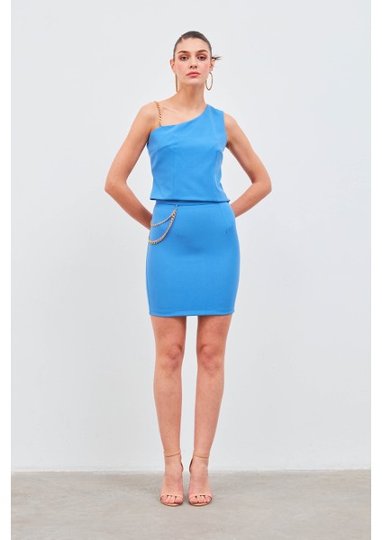 Zincir Aksesuarlı Mini Etek - Sax Mavi