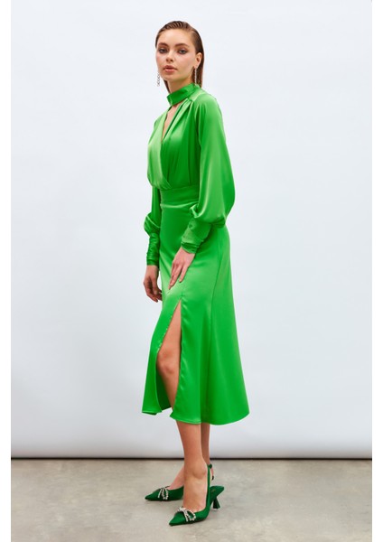 Yırtmaçlı Saten Etek - Yeşil fiyatları