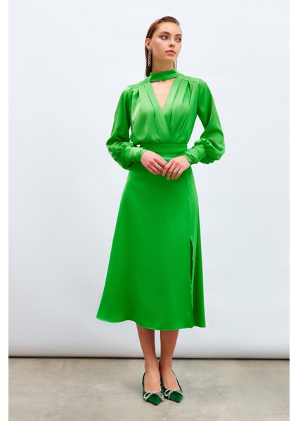 Yırtmaçlı Saten Etek - Yeşil fırsatları