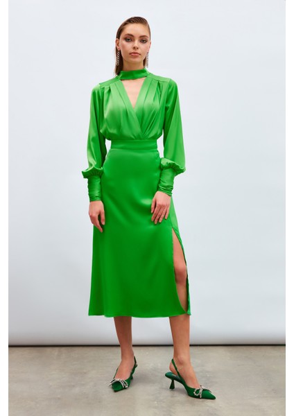Yırtmaçlı Saten Etek - Yeşil indirimleri