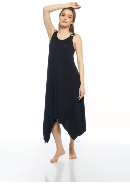 Kadın Düz Renkli Omuz Tokalı Likra Viskon Yazlık Elbise