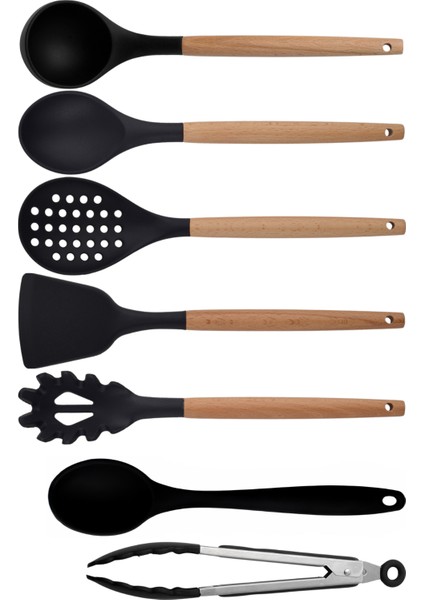 Siyah Bambu Silikon Set - Kepçe, Kaşık, Kevgir, Makarna, Açılı Spatula, Silikon Kaşık, Metal Maşa 7 li Set modelleri