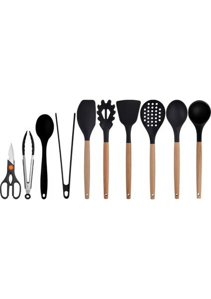 Siyah Bambu Silikon - Kepçe, Kaşık, Kevgir, Makarna, Açılı - Düz Spatula, Silikon - Metal Maşa, Silikon Kaşık, Makas 10 lu Set