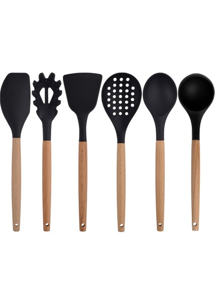 Siyah Bambu Silikon - Kepçe, Kaşık, Kevgir, Makarna, Açılı - Düz Spatula, Silikon - Metal Maşa, Silikon Kaşık, Makas 10 lu Set