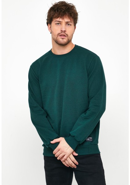Erkek Koyu Yeşil Basic Bisiklet Yaka Regular Fit Normal Kesim 2 Iplik Sweatshirt fiyatları