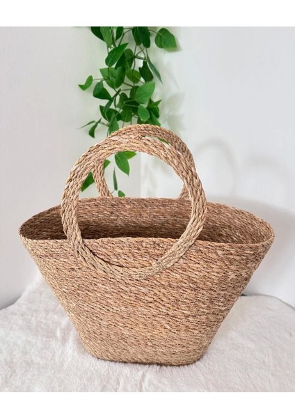 Dekoratif Kulplu Hasır Sepet Plaj Çanta Sele 45X25X30CM