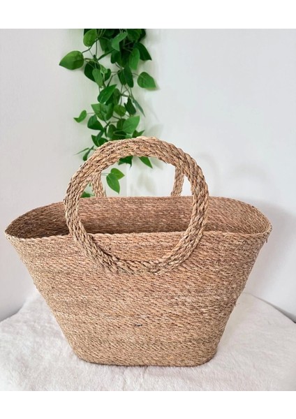 Dekoratif Kulplu Hasır Sepet Plaj Çanta Sele 45X25X30CM fiyatları