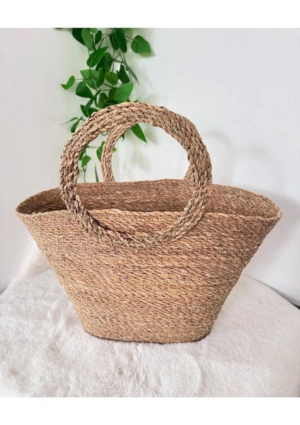 Dekoratif Kulplu Hasır Sepet Plaj Çanta Sele 45X25X30CM modelleri