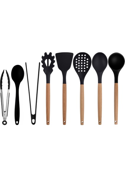 Siyah Bambu Silikon - Kepçe, Kaşık, Kevgir, Makarna, Açılı Spatula, Silikon - Metal Maşa, Silikon Kaşık 8 li Set