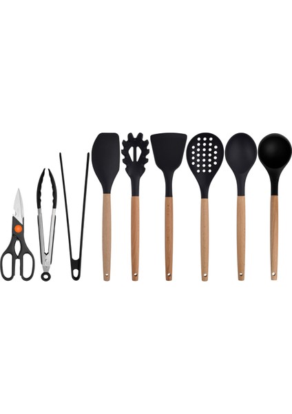 Siyah Bambu Silikon Set - Kepçe, Kaşık, Kevgir, Makarna, Açılı - Düz Spatula, Metal - Silikon Maşa, Makas 9 lu Set