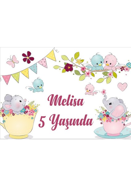 Fil ve Kedi Temalı Doğum Günü Afişi-70 x 100 cm