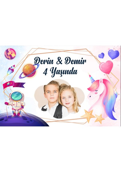 Uzay ve Unicorn Temalı Doğum Günü Afişi-50 x 70 cm