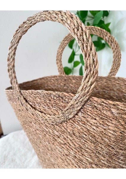 Dekoratif Kulplu Hasır Sepet Plaj Çanta Sele 35X20X27CM fırsatları