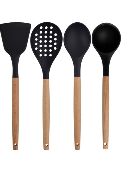 Siyah Bambu Silikon Set - Kepçe, Kaşık, Kevgir, Makarna, Açılı - Düz Spatula, Silikon Kaşık, Makas 8 li Set