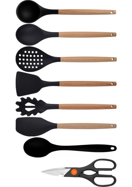 Siyah Bambu Silikon Set - Kepçe, Kaşık, Kevgir, Makarna, Açılı - Düz Spatula, Silikon Kaşık, Makas 8 li Set