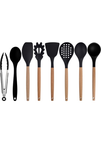 Siyah Bambu Silikon - Kepçe, Kaşık, Kevgir, Makarna, Açılı - Düz Spatula, Metal Maşa, Silikon Kaşık 8 li Set