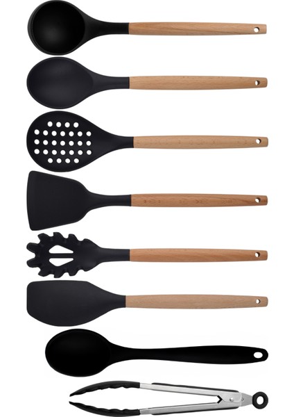Siyah Bambu Silikon - Kepçe, Kaşık, Kevgir, Makarna, Açılı - Düz Spatula, Metal Maşa, Silikon Kaşık 8 li Set
