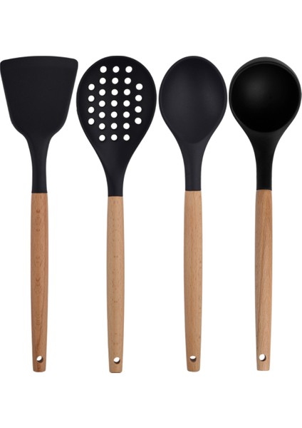 Siyah Bambu Silikon Set - Kepçe, Kaşık, Kevgir, Makarna, Açılı Spatula, Silikon Kaşık 6 lı Set