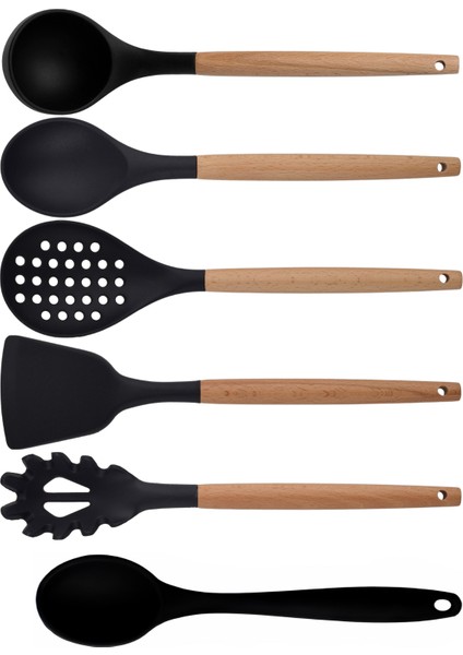 Siyah Bambu Silikon Set - Kepçe, Kaşık, Kevgir, Makarna, Açılı Spatula, Silikon Kaşık 6 lı Set