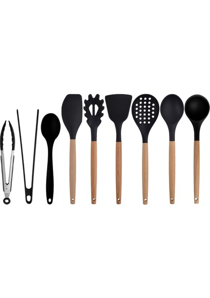 Siyah Bambu Silikon Set - Kepçe, Kaşık, Kevgir, Makarna, Açılı - Düz Spatula, Metal - Silikon Maşa, Silikon Kaşık 9 lu Set