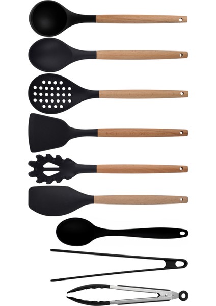 Siyah Bambu Silikon Set - Kepçe, Kaşık, Kevgir, Makarna, Açılı - Düz Spatula, Metal - Silikon Maşa, Silikon Kaşık 9 lu Set